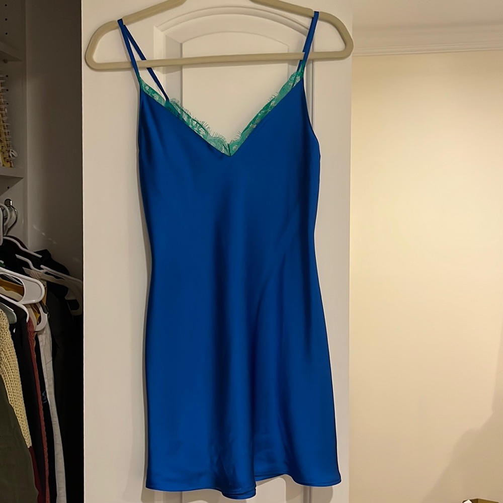 COPY - Blue silk dress with green lace Zara